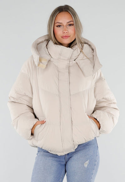 Beige Gewatteerde Puffer Winterjas met Capuchon en Rits