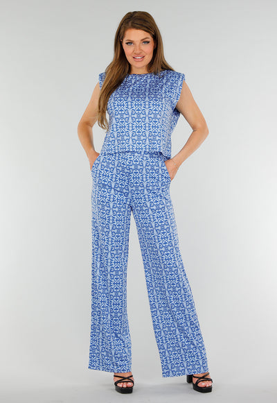Blauwe High Waist Stretch broek met Barokprint en Elastische Tailleband