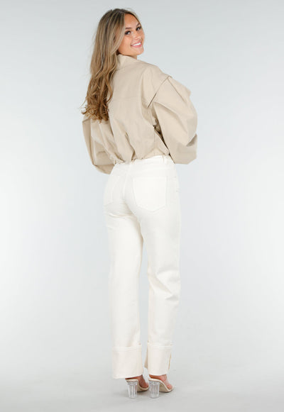 Korte Trench Coat in Beige met Pofmouwen en Knopen