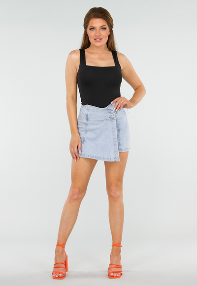 Lichtblauwe Stretch Denim Skort met Overslag en Achterzakken