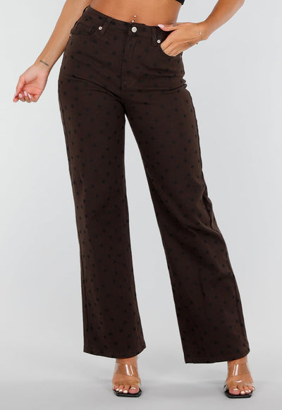 Donkerbruine Denim Straight Leg Jeans met Zwarte Stippen en Hoge Taille