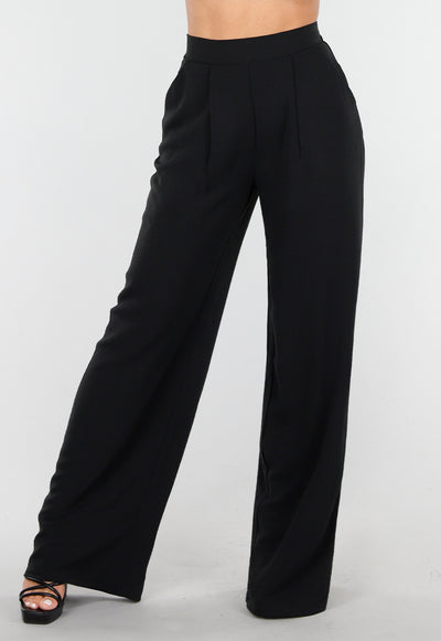 High Waist Zwarte Linnen Look Broek met Tailleband
