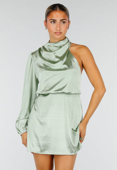 Groene Satijnen One Shoulder Mini Jurk met Lange Mouw en Stretch