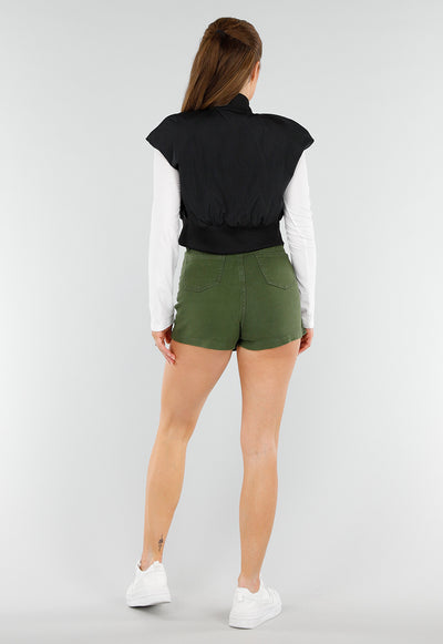 Zwarte Cropped Bodywarmer met Ritssluiting en Hoge Kraag