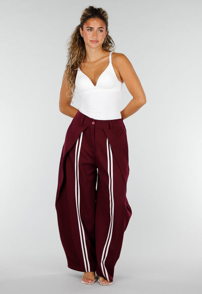 Bordeaux Wijde Pantalon met Witte Strepen en Plooien