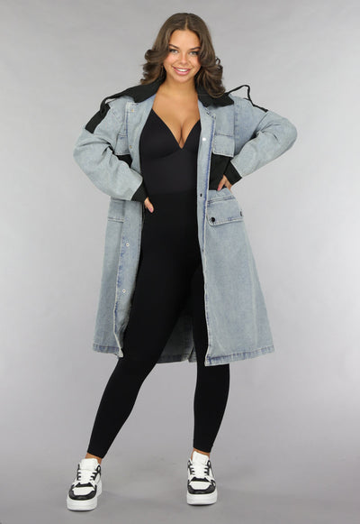 Denim Mantel Jas met Zwarte Details