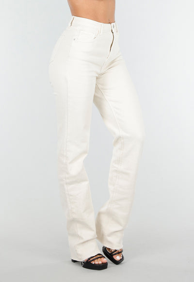 Redial Jeans Beige Stretch Straight Leg Jeans Tall met Gerafelde Onderkant