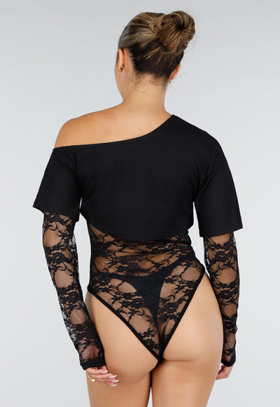 Zwarte One Shoulder Body met Kant en Drukknoopsluiting