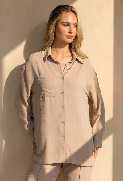 Beige Blouse met Kraag, Knoopsluiting en Lange Mouwen