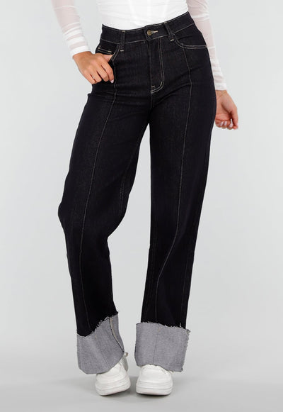 Donkerblauwe Denim Stretch Jeans met Straight Leg en Brede Omslag