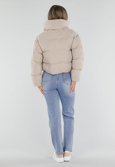 Zachte Beige Puffer Jas met Capuchon en Hoge Kraag