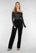 Zwarte Off Shoulder Stretch Top met Kant en Stippenprint