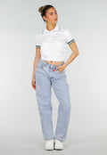 Witte Cropped Polo met Groene Contrasterende Strepen