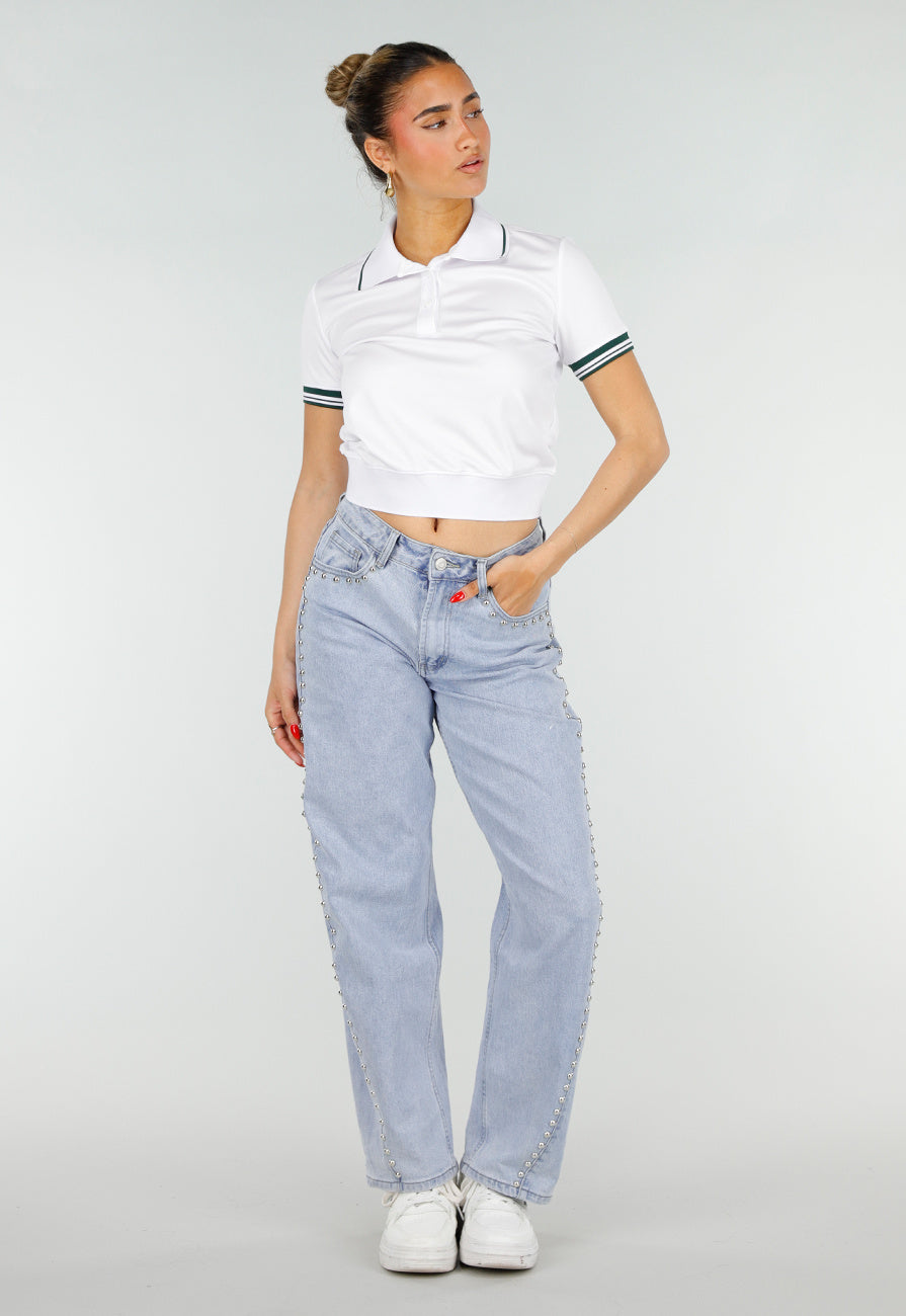Witte Cropped Polo met Groene Contrasterende Strepen