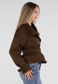 Bruin Kort Trench Jasje met Tailleband en Dubbele Knopen