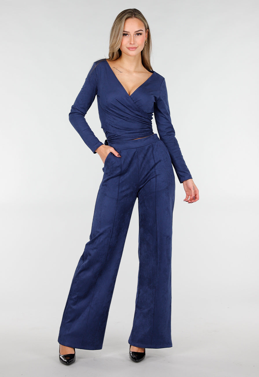Donkerblauwe Suede Overslag Top met Stretch