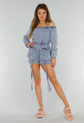 Blauwe Denim Stretch Off Schoulder Playsuit met Tailleband en Zakken met Ritssluiting