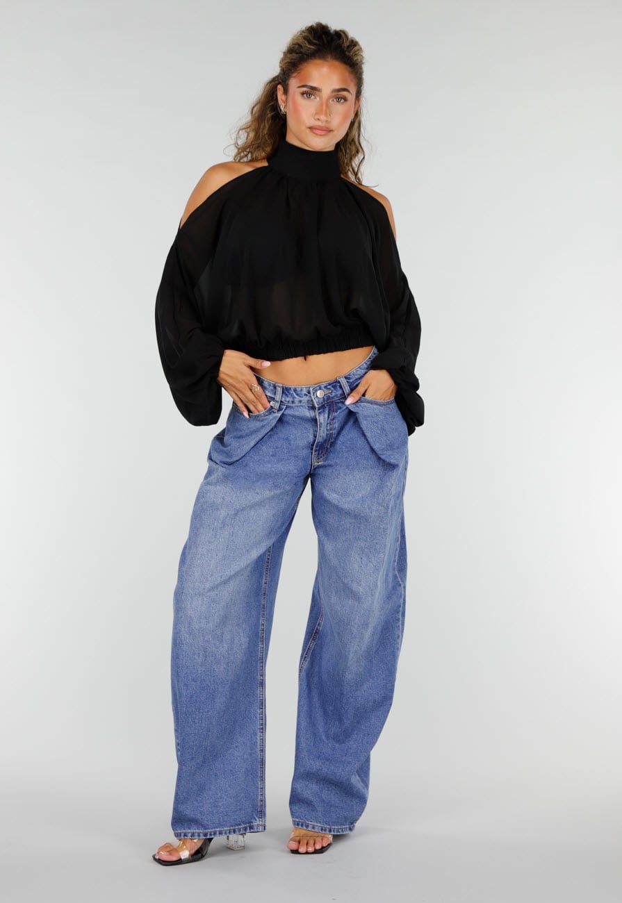 Blauwe Barrel Jeans met Plooidetails en Wijde Pijpen
