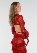 Rode Two Piece Set van Kant met Ruffles en Lange Mouwen