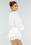Witte Mousseline Playsuit met Broderie Details en Volants
