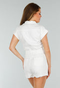 Witte Stretch Denim Playsuit met Korte Mouwen en Steekzakken