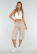 Beige Stretch Denim Bermuda Broek met Rechte Pijpen