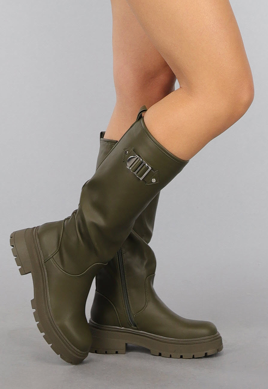 Hoge Lederlook Boots in Khaki