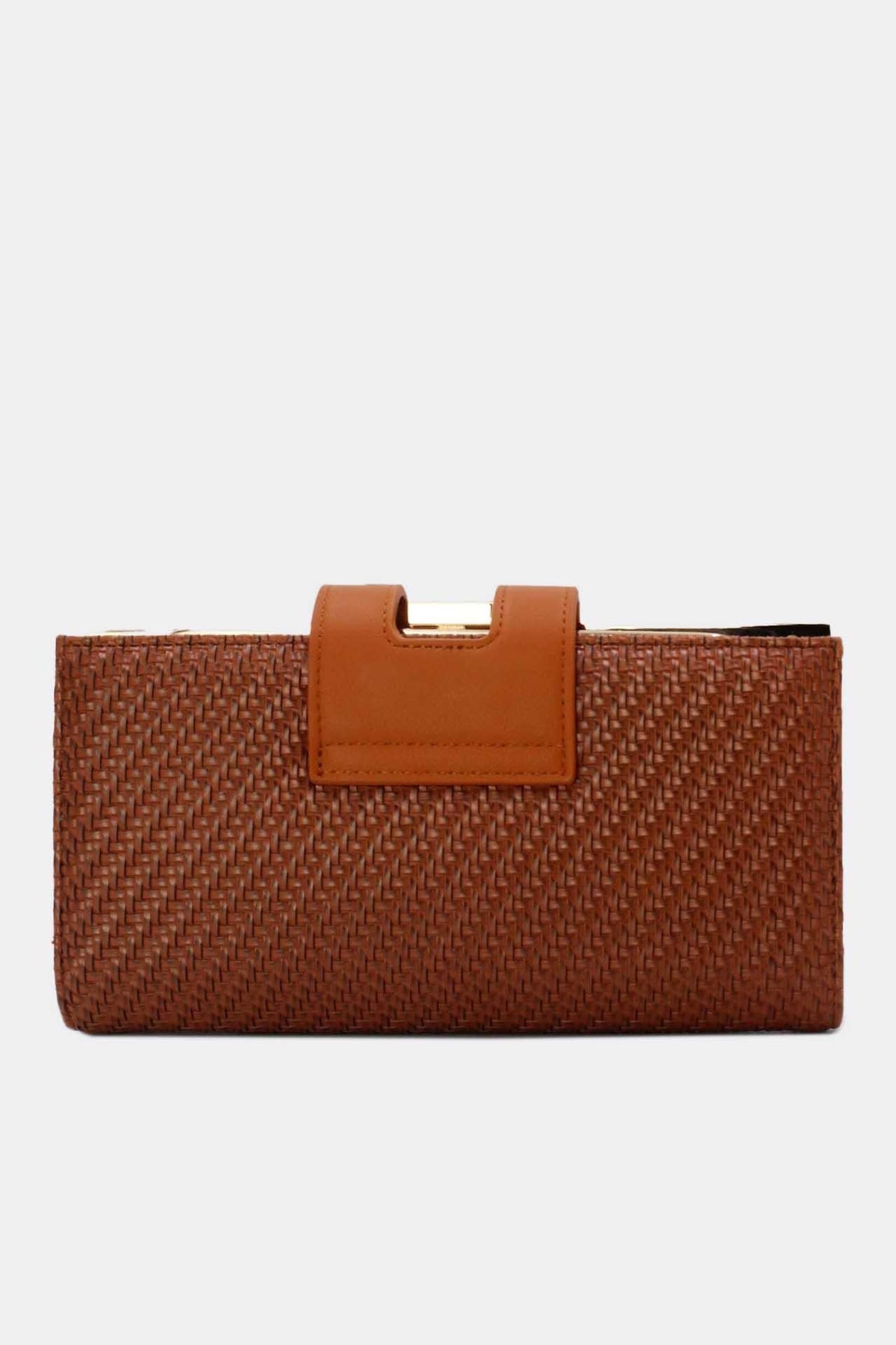 Cognackleurige Gevlochten Clutch van Imitatieleer met Gouden Schouderketting