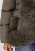 Khaki Korte Puffer Winterjas met Afneembare Bontkraag