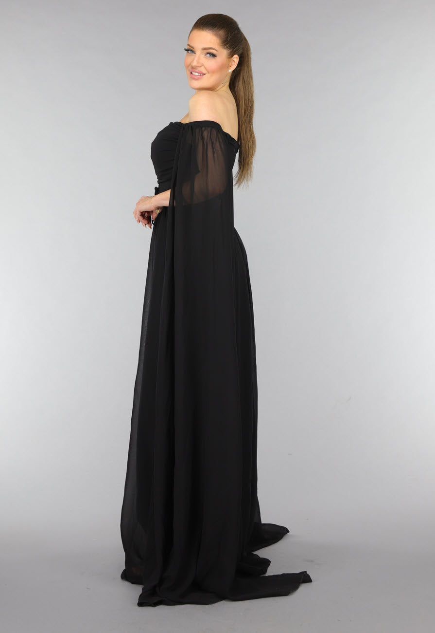 Padded Zwarte Galajurk met Lange Chiffon Mouwen