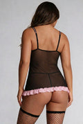 Zwart Kanten Lingerie Jurkje met Roze Details