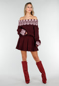 Bordeaux Off Shoulder Trui met Fair Isle Motief en Lange Mouwen