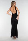 Zwarte Lange Glitter Maxi Jurk met Strass Steentjes en Lage Rug
