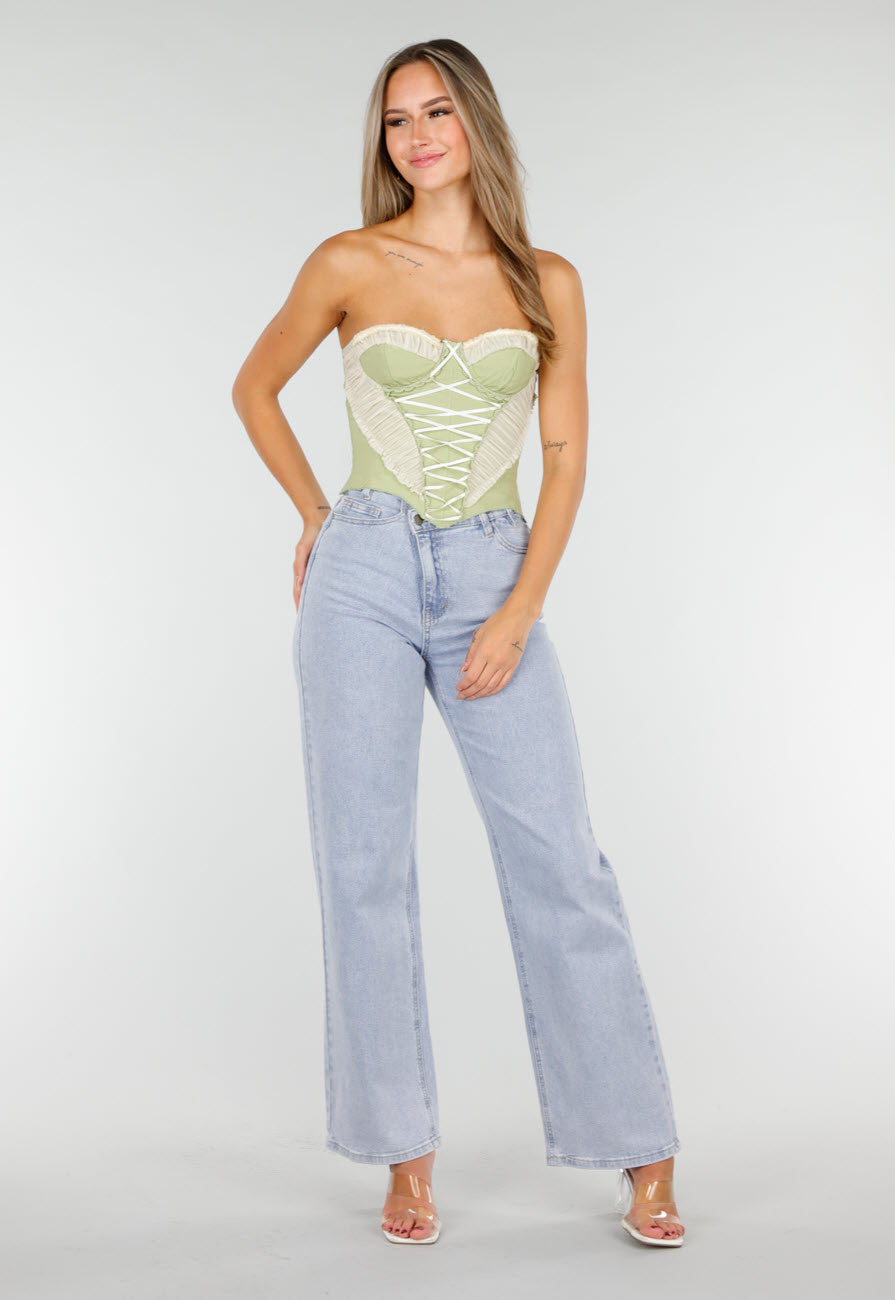 Groen Strapless Korset met Satijnen Veters