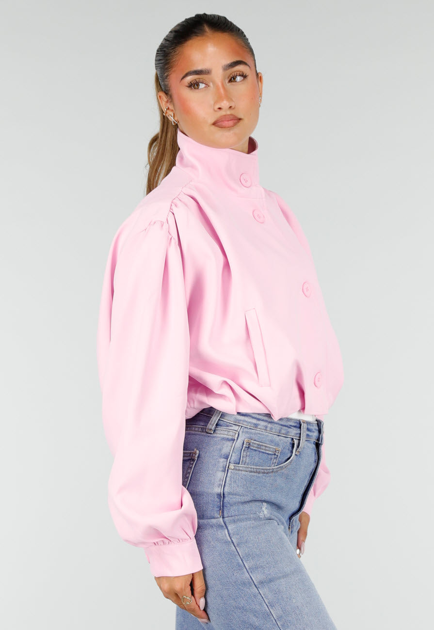 Roze Kort Jasje met Pofmouwen en Knoopsluiting