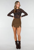 Bruine Mesh Body met Ruitprint en Lange Mouwen