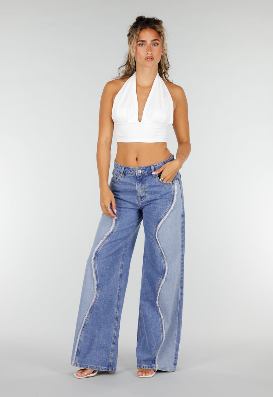 Blauwe Wide Leg Jeans met Lichte Contrastpanelen en Rafelnaden