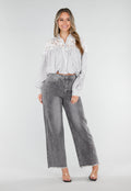 Grijs Wit Gestreepte Blouse met Kant en Lange Mouwen