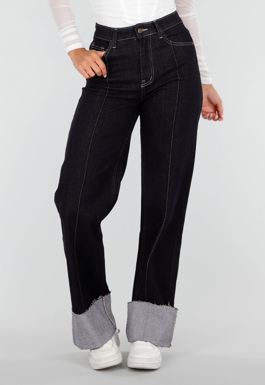Donkerblauwe Denim Stretch Jeans met Straight Leg en Brede Omslag