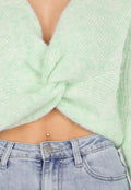 Mintgroene Gebreide Wollen Twist Trui met V Hals en Open Rug