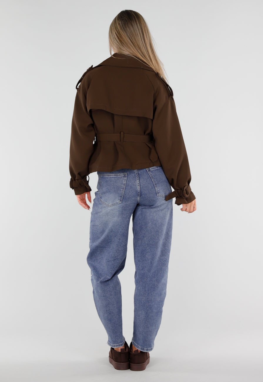 Bruin Kort Trench Jasje met Tailleband en Dubbele Knopen