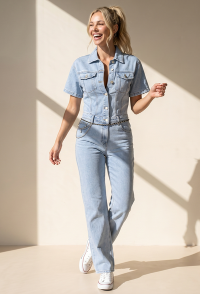 Redial Jeans  Blauwe Jeans Jumpsuit met Korte Mouwen en Straight Leg