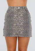 Grijze Leopard Print Denim Rok met High Waist