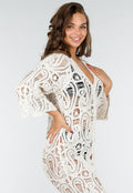 Beige Gehaakte Cover-up Jurk Vest met V-Hals en Lange Mouwen