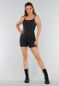 Zwarte Rib Playsuit met Stretch en Rechte Halslijn