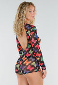 Zwarte Mesh Playsuit met Vlinderprint en Open Rug