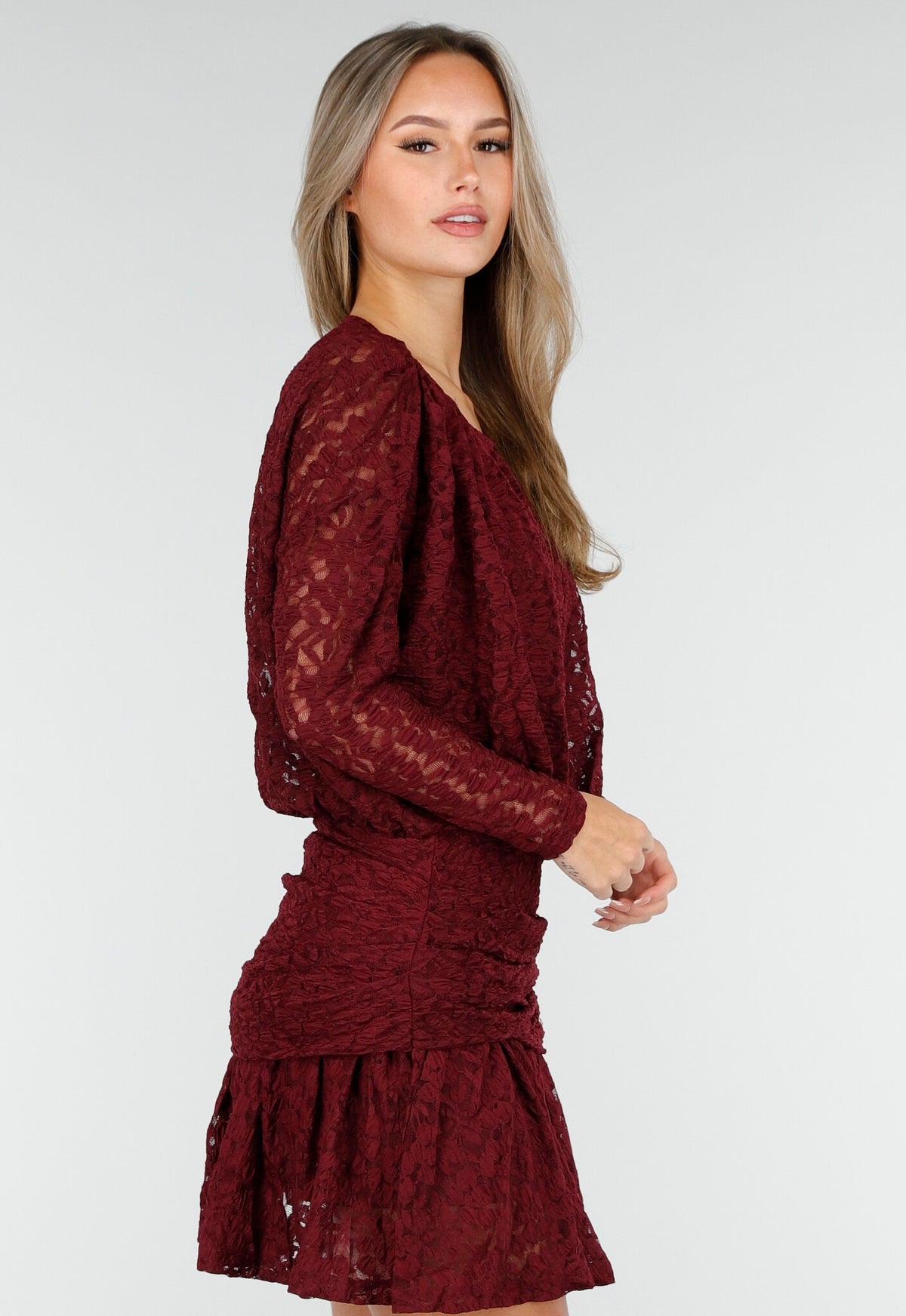 Bordeaux Kant Jurk met Lange Mouwen en Stretch