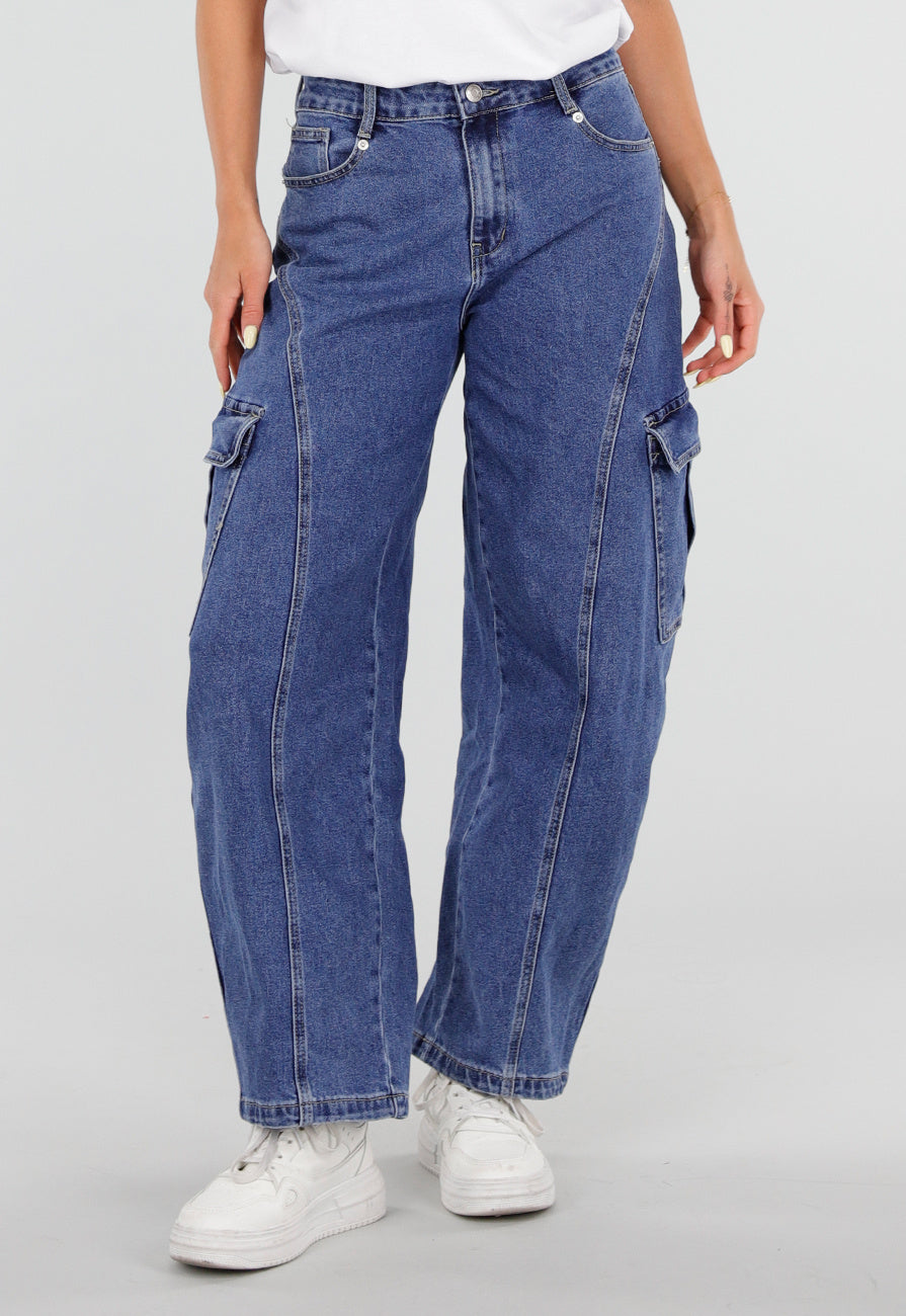 Blauwe Cargo Barrel Jeans met Opgestikte Zakken