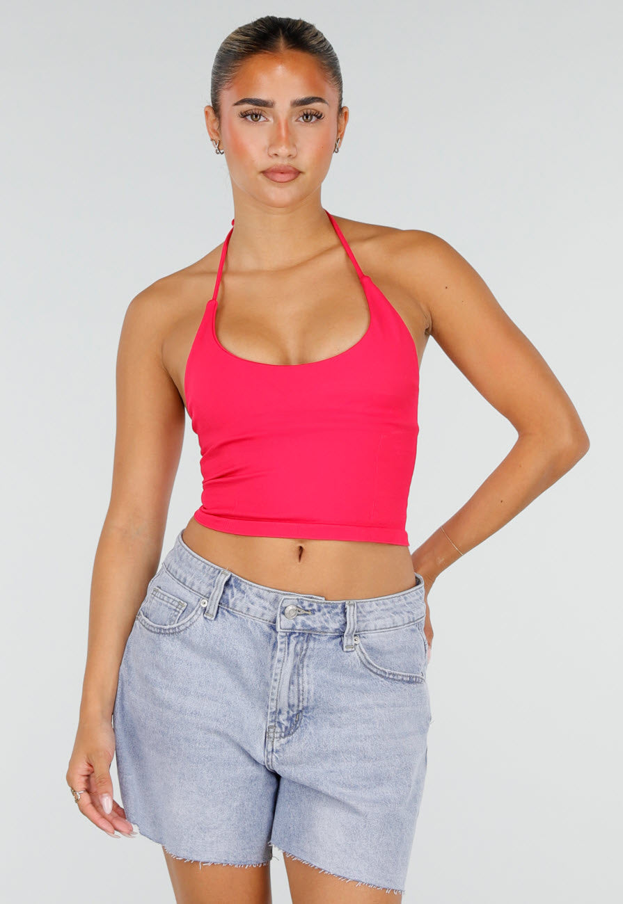 Roze Halter Sport Top met Verstelbaar Halterbandje, Uitneembare Pads en Stretch