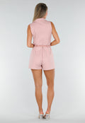 Roze Mouwloze Playsuit met Revers, Riem, Rits en Stretch